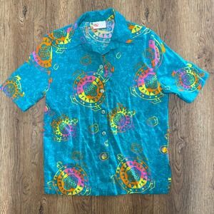 VTG 90s Retro AOP Teal Sea Turtle Print Button Up Shirt‎ Aloha Hawaii Women M